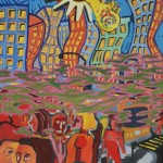 This painting was done when I was 18 years old. It is painted on a canvas window blind and mounted on a hand-made stretcher. It is a representation of the future as I saw it upon learning of a hole in the ozone layer in 1988. The early reports of environmental damage caused by humans was considered unscientific at the time. The couple kissing on the bench are based on teh sculpture "The Kiss" by Auguste Rodin. The green smog rising is representative of the emissions from traffic, and the sewer grate. The sun is coming through the "hole" in the atmosphere and the buildings are melting. This painting is not for sale.